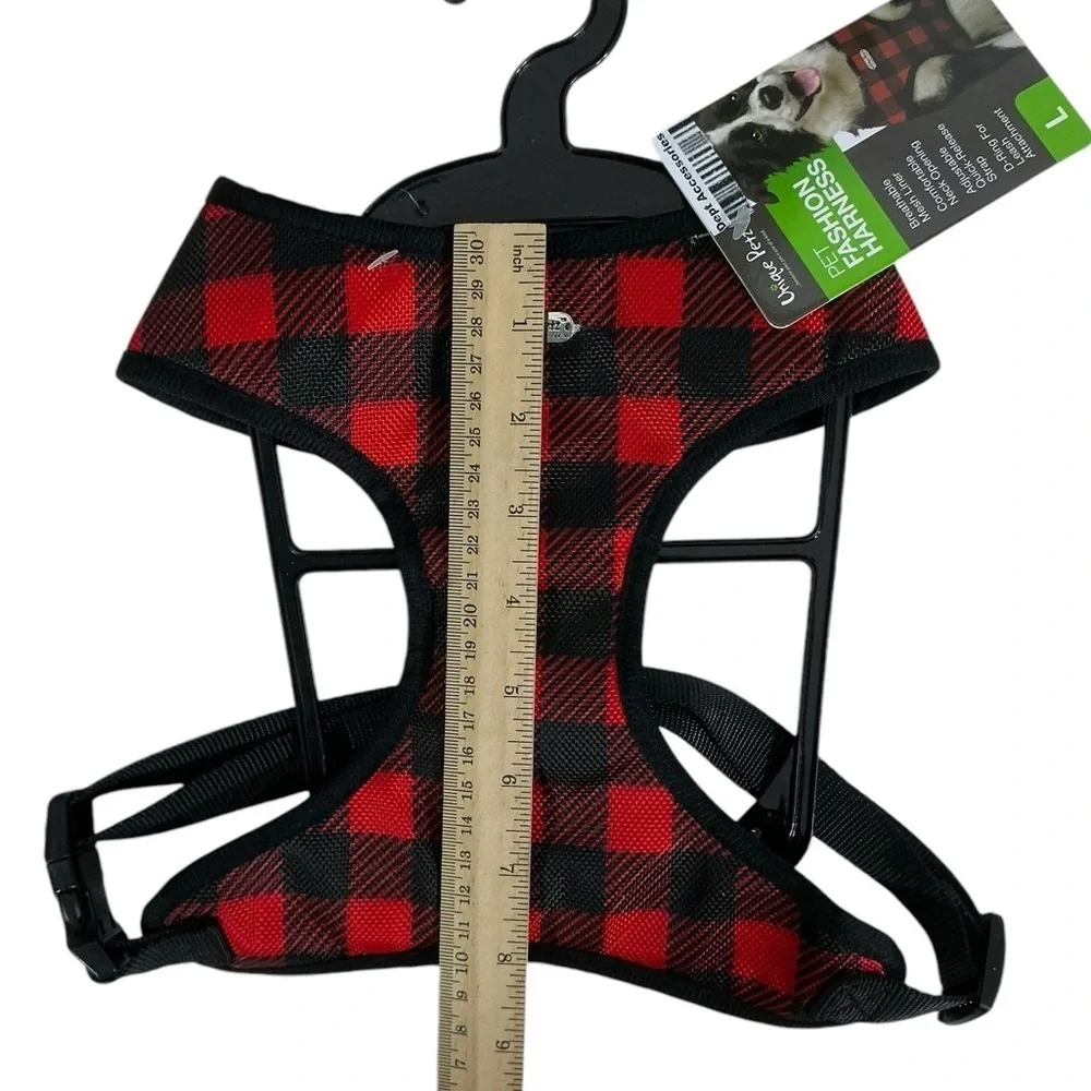 Unique Petz Dog Large Harness Red Black Tartan Plaid Comfy Adjustable SZ L